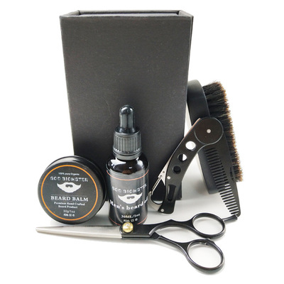 黑色高檔胡子膏胡須油男士護理套裝野豬鬃毛刷子剪刀BeardKit工具