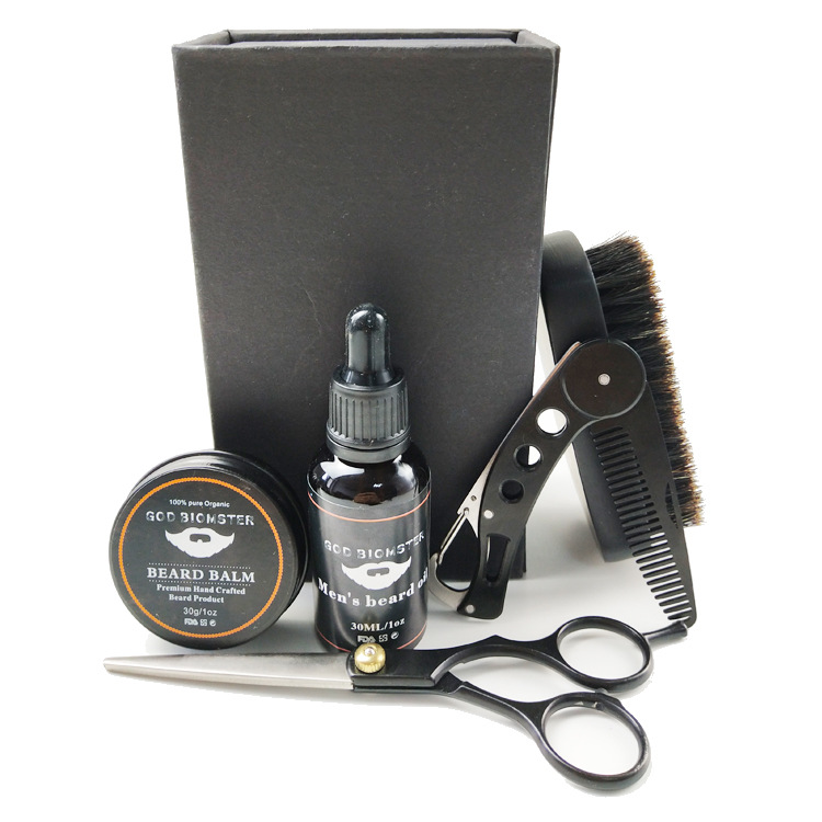 黑色高檔胡子膏胡須油男士護理套裝野豬鬃毛刷子剪刀BeardKit工具
