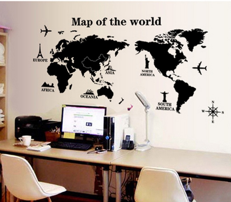 Modern living room study DIY self-adhesive mural creative world map black waterproof decorative wall stickers ay9133