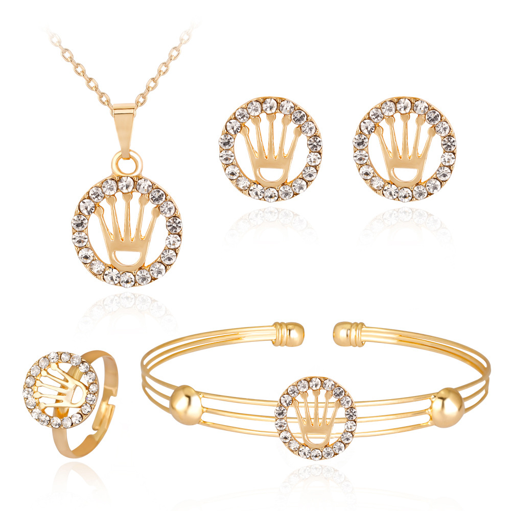 Europe and the United States new hot necklace set exquisite alloy inlaid crown necklace ear ring four-piece set