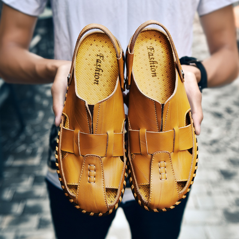 2018夏季新款男士凉鞋 两穿真皮透气男沙滩鞋 外贸后绊带男凉拖