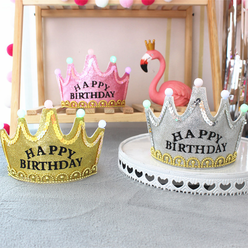 生日发光皇冠派对用品创意礼品带灯儿童生日蛋糕闪粉皇冠帽可定制