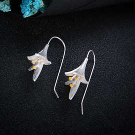 S925银耳环长款气质复古兰花耳饰简约莲花耳坠银饰品厂家批发