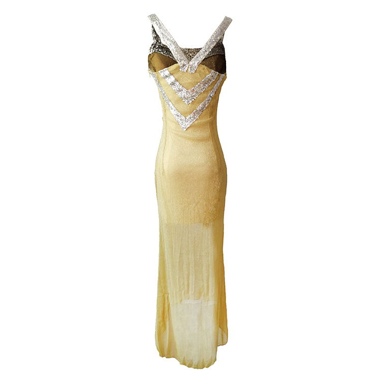 Women's V-Neck Sequin Trim Glitter Mermaid Maxi Dress, Sleeveless Formal Evening Party Gown_ecoleips.com