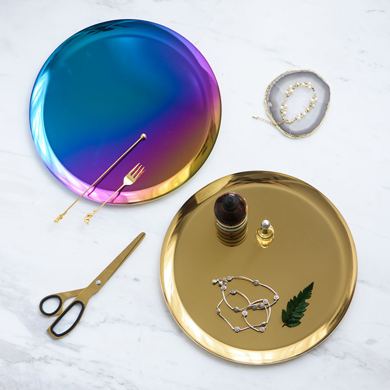 Nordic style Golden receiving plate Metal circular Tray Rainbow colors Stands fruit tea tray Copper coloured ornament