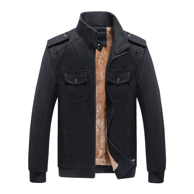 Autumn and winter men’s stand collar pure cotton washed and plush thickened military jacket male