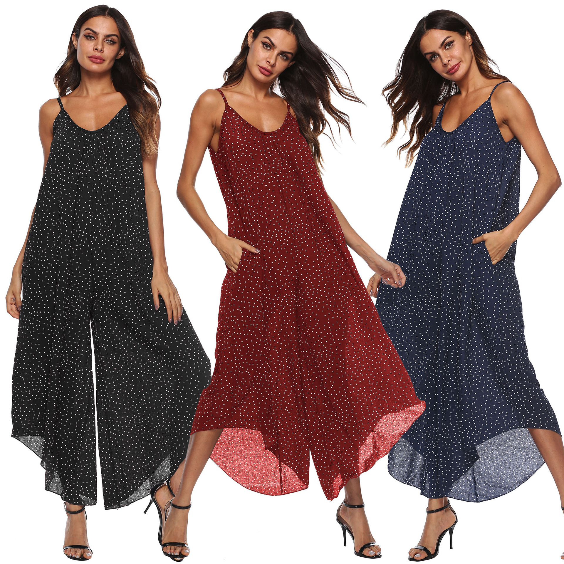 Plus Size Womens Polka Dot Asymmetrical Jumpsuit Loose Fit Wide Leg Spaghetti Straps Casual Summer Wear Wholesale