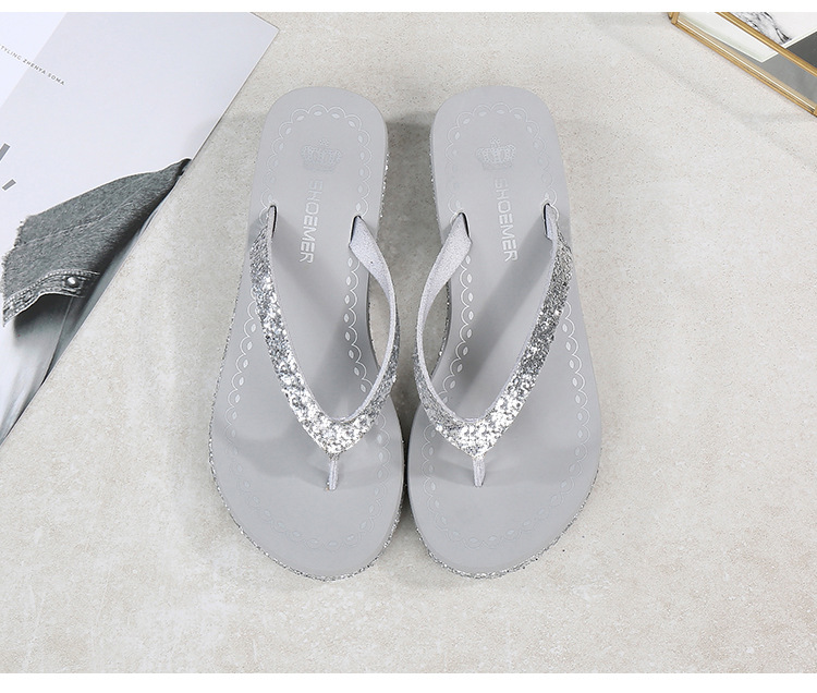 Frau Lässig Einfarbig Pailletten Strass Runder Zeh Flip-Flops display picture 25