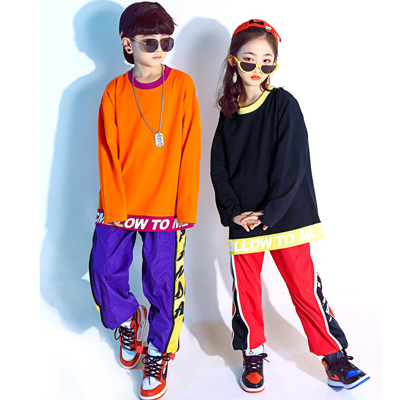 秋季長袖兒童街舞服嘻哈舞hiphop舞台表演服棉拼色印花可訂制logo