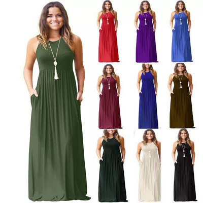 跨境货源欧美女装新款长裙 亚马逊春夏季爆款休闲背心口袋连衣裙