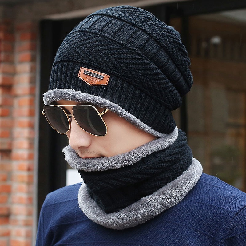 帽子围脖两件套装冬天男女户外保暖加绒加厚毛线帽针织一件代发|ru