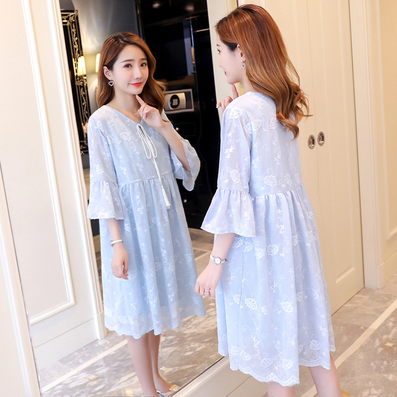 2018新款孕妇装蕾丝短袖孕妇连衣裙中长款雪纺绣花连衣裙