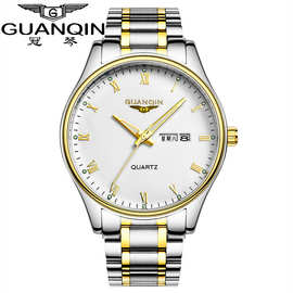 冠琴B4品牌正品学生手表 双日历超薄防水钢带石英表 夜光男士手表
