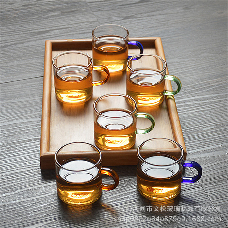 彩把玻璃品茗杯 家用小茶杯 品杯直筒带把小花茶杯玻璃杯泡茶杯