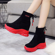 内增高女鞋10cm厚底时尚靴子女加绒2018冬季新款中筒靴绒面冬靴