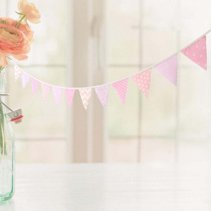 韩式少女粉色彩旗三角串旗生日派对活动彩旗拉花摄影道具棉布彩旗