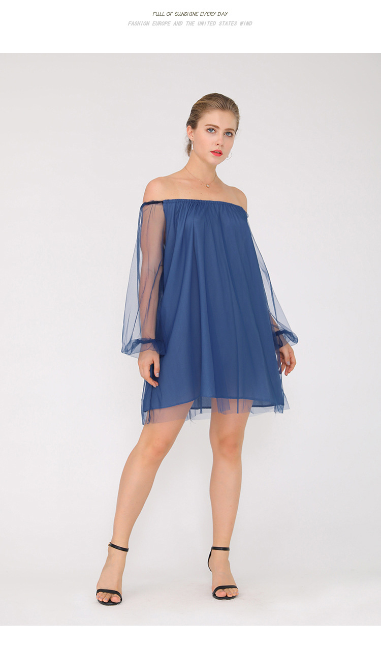 loose one-shoulder mesh stitching lantern sleeve dress  NSJR36715