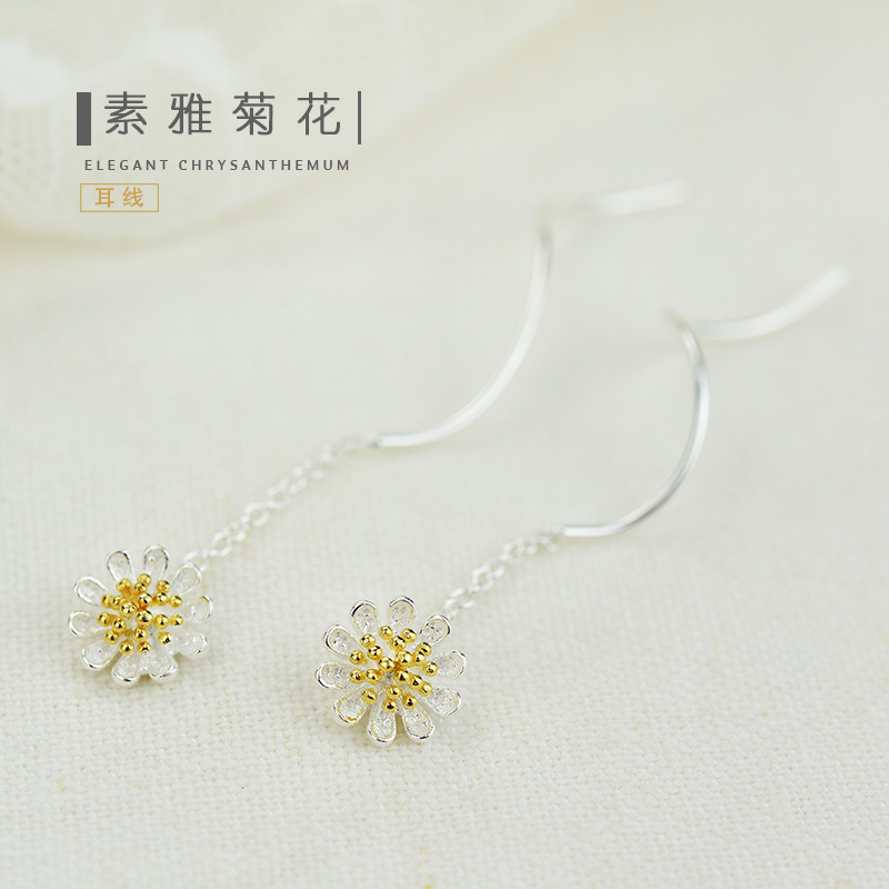 925 pendientes de plata esterlina estilo coreano de moda fresca Margarita pendientes elegantes de las mujeres pendientes largos pendientes