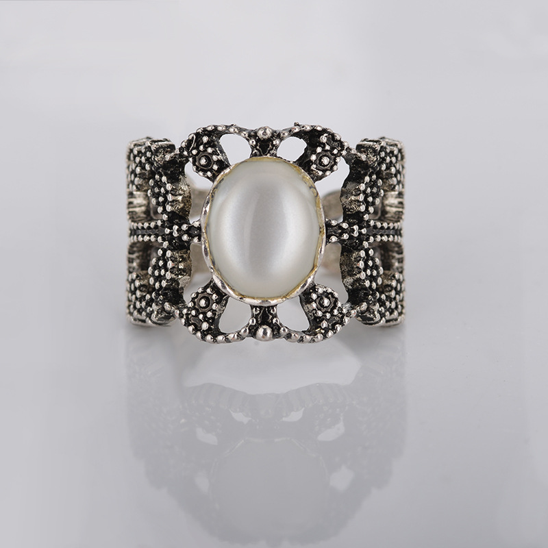 Retro Openwork Pattern Ring Inlaid White Large Gemstone Ring Opening Adjustable Ring Jewelry display picture 5