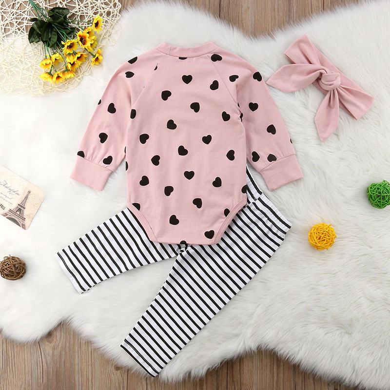 Baby Long Sleeve Love Print Harness Stripe Trousers Hairband Set Pink Three-piece Kids display picture 4