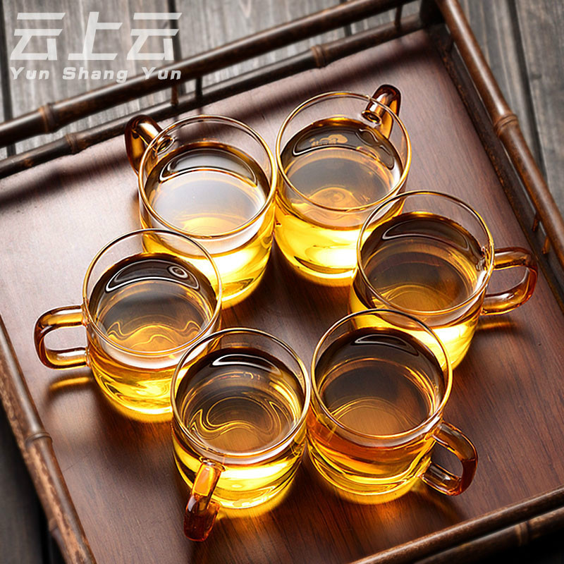品一恒6只装玻璃茶杯 耐高温花茶杯品茗杯功夫茶具带把杯子可代发