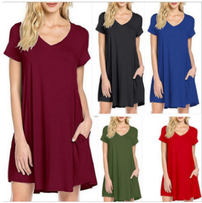 2018夏季新款欧美休闲口袋宽松连衣裙女装 纯色大摆V领连衣裙短袖
