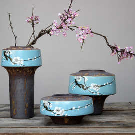 新中式复古手工创意陶瓷花瓶三件套摆件酒店样板房装饰工艺品陶罐