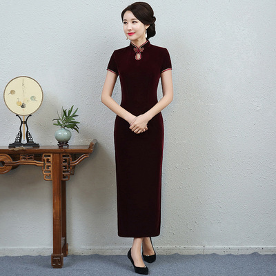 Chinese Dress Qipao for women Long velvet cheongsam Vintage high-grade wine red cheongsam skirt large size woman