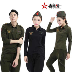 水兵舞服裝秋季長袖515T恤男女同款純棉上衣翻領黑色修身款