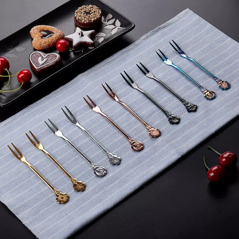 304不锈钢水果签 创意甜品叉二齿水果叉 月饼叉礼品批发跨境供应