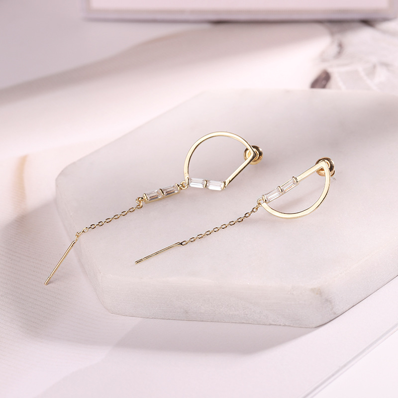 韩国不对称耳环 铜镀24K金镶钻流苏长款耳钉耳环耳饰 工厂定制批