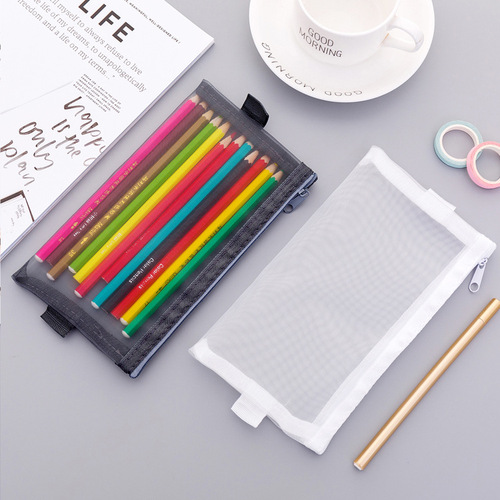 Korean creative simple transparent mesh pencil bag zipper stationery bag student exam portable large capacity pencil bag
