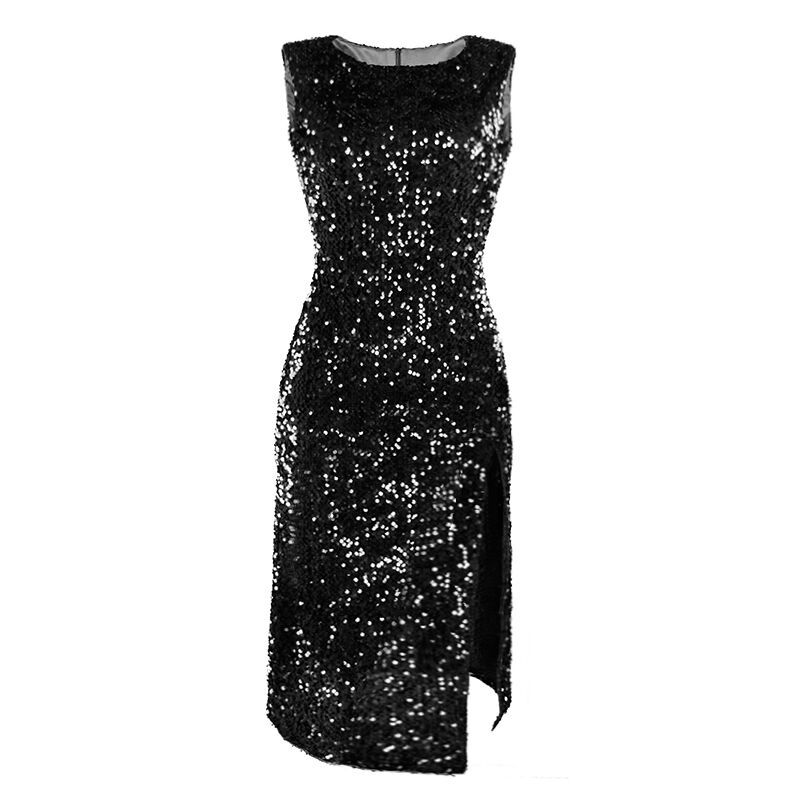 Sleeveless Crew Neck All Over Sequin Midi Dress, Velvet Base High Side Split Asymmetrical Hem Bodycon Cocktail Party Dress 4 Colors_ecoleips.com
