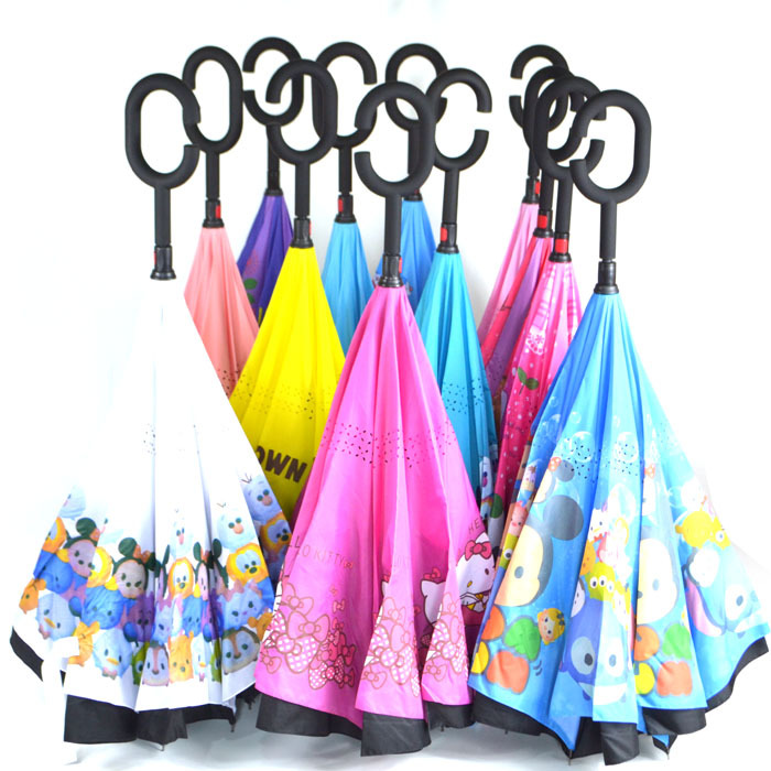 长柄免持汽车反向伞c型双层卡通儿童雨伞广告伞定制LOGO一件代发