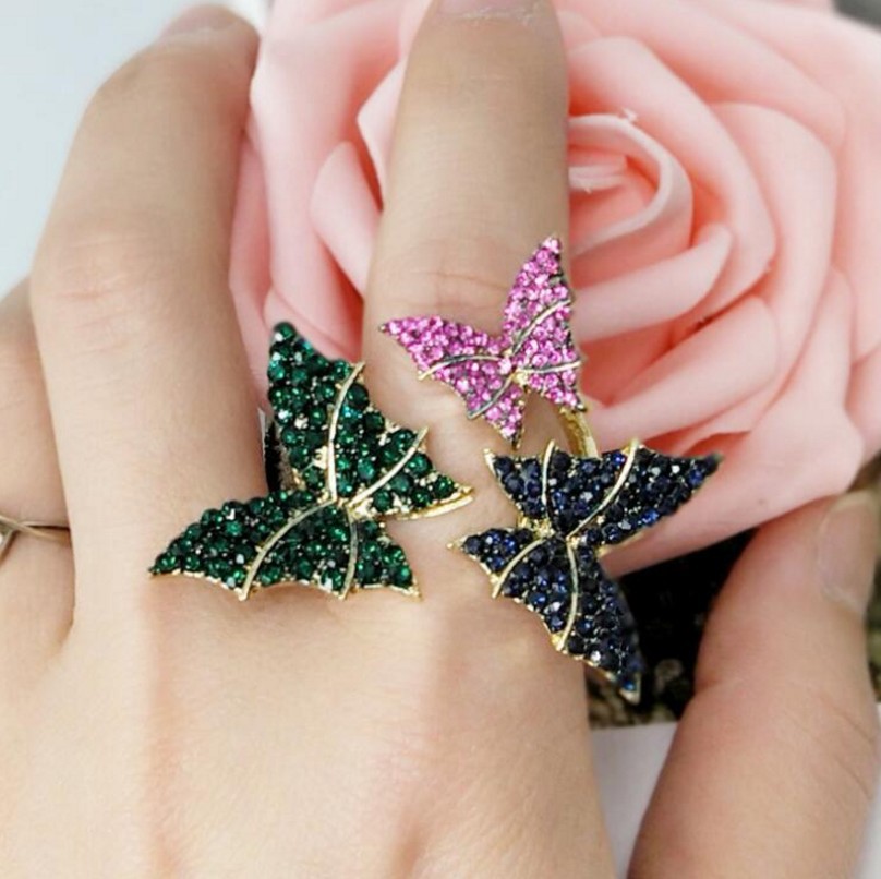 新品戒指 欧美彩钻蝴蝶水晶戒指 玫瑰花朵多彩 开口调指环批发