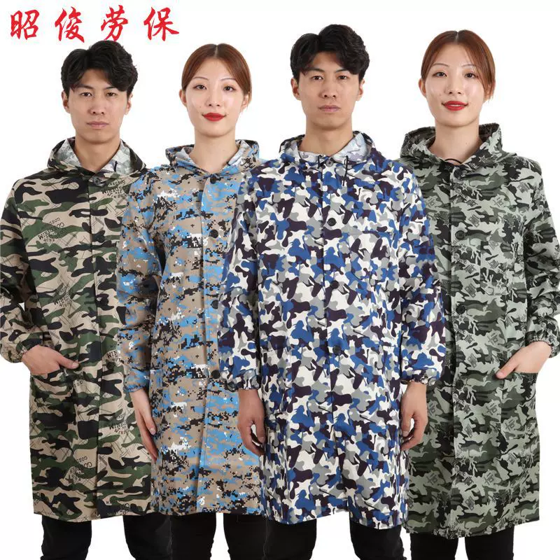 定制迷彩蓝大褂带帽工作服定做广告logo男女搬运防尘连体劳保服