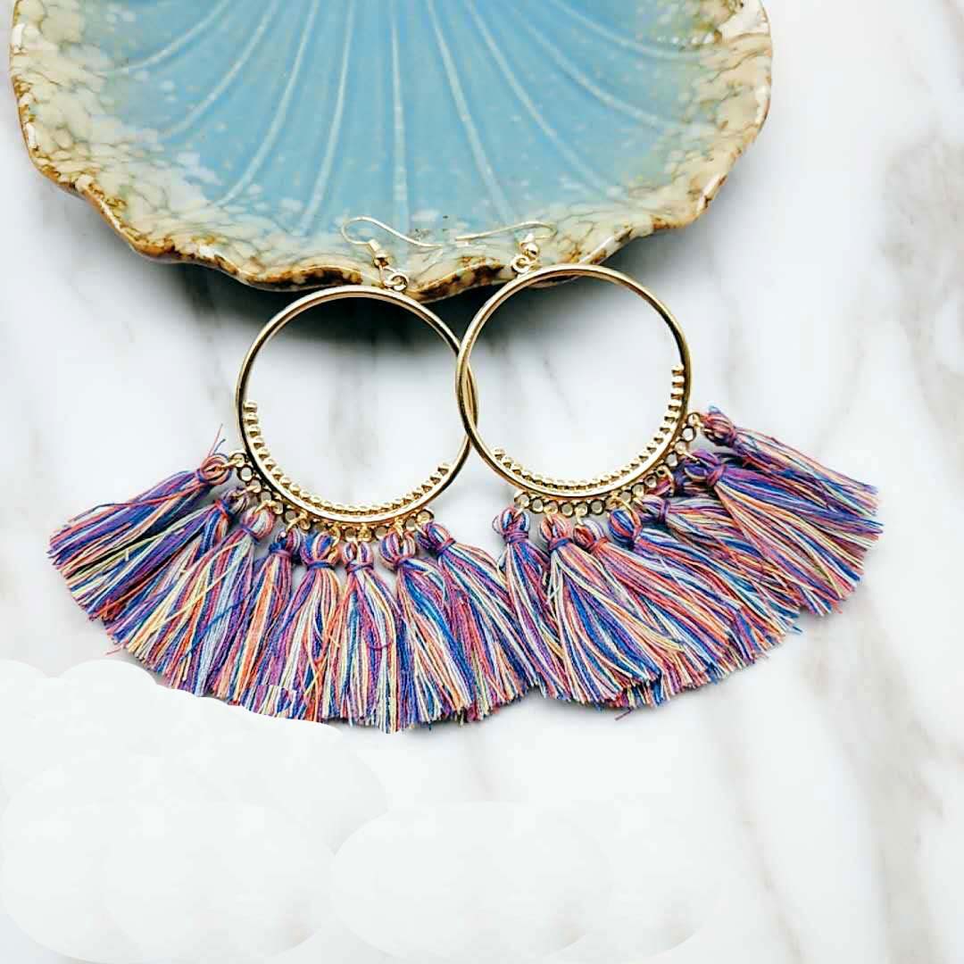 厂家直销流苏耳环 欧美饰品大圈耳环 波西米亚流苏耳环纯棉流苏