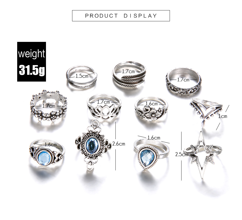 Retro Diamond Engraved Starry Sky Gemstone Lotus Starlight Feather Ring 11-piece Set display picture 2