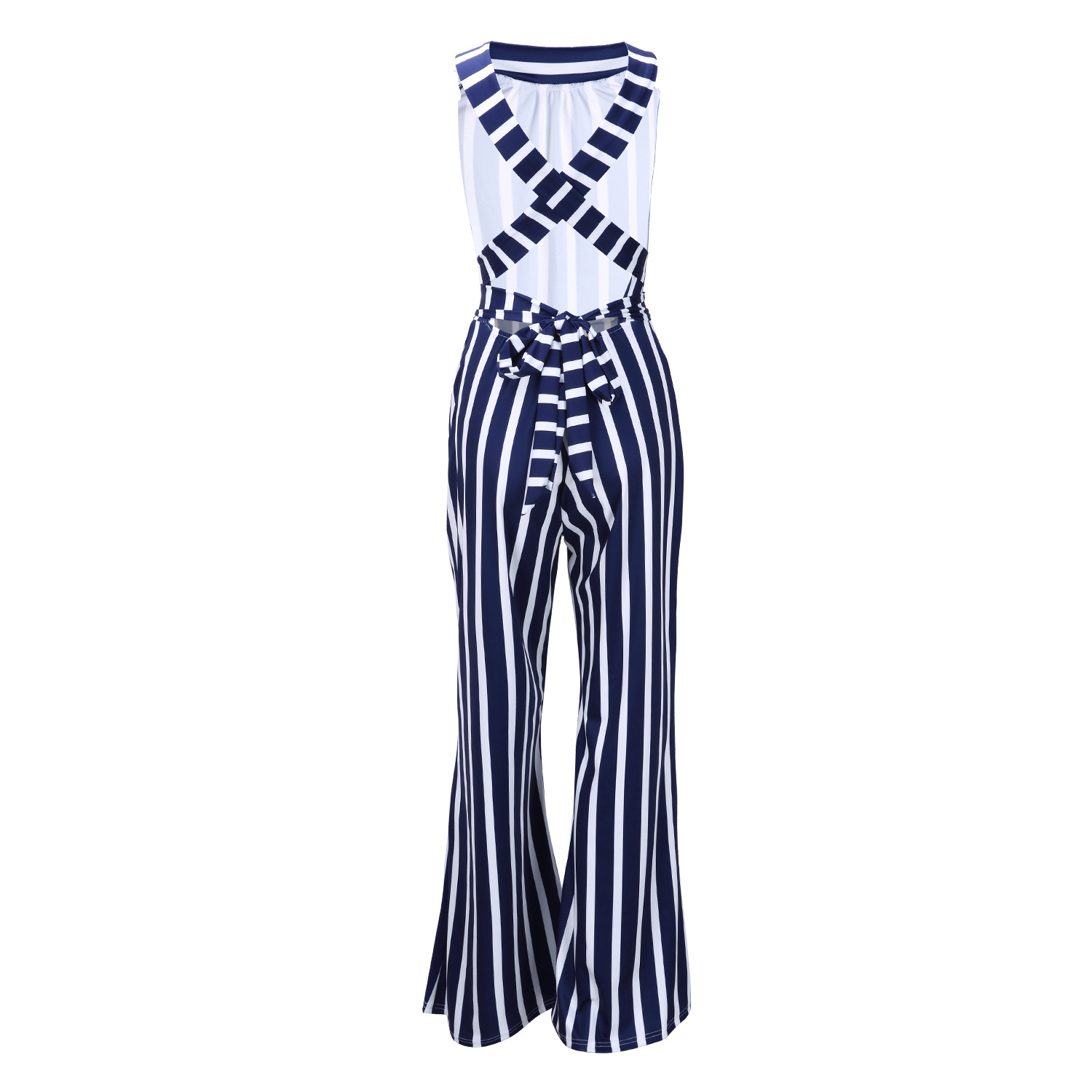 Striped Lace Up Backless Wide Leg Jumpsuit NSMRF116732