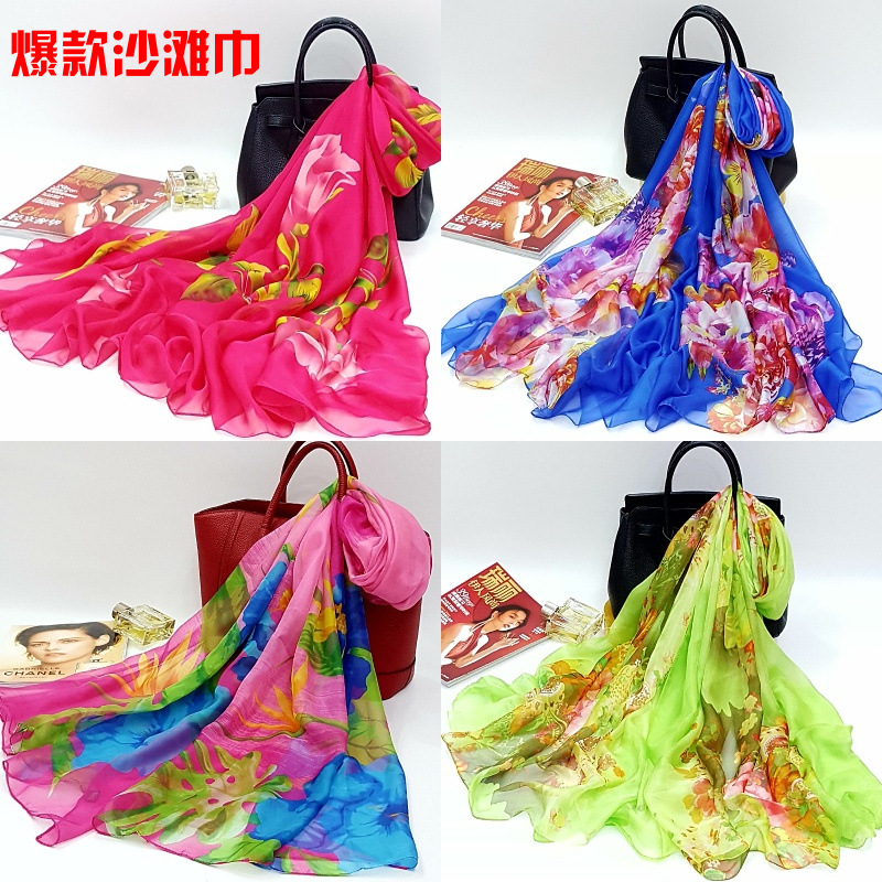 2021新款雪纺印花丝巾 女士百搭长款加宽装饰围巾 沙滩巾礼品批发