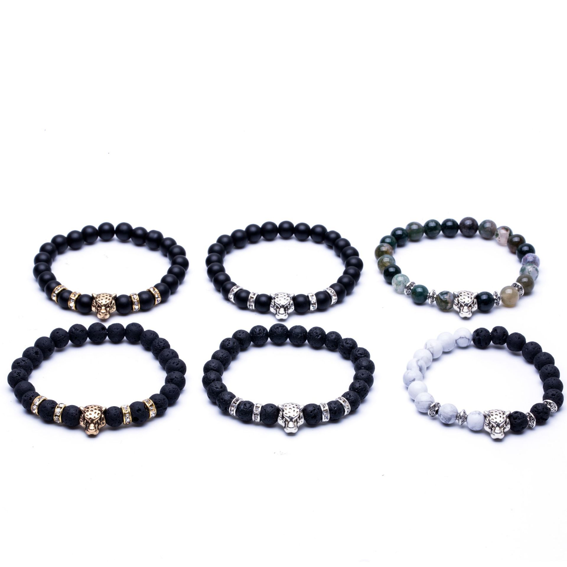 New Natural Frosted Volcanic Stone Bracelet Beads Leopard Head Beaded Diamond Elastic Bracelet