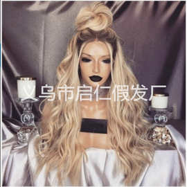 跨境 欧美假发 女 化纤黄色长卷发假发 厂家 现货wig hair