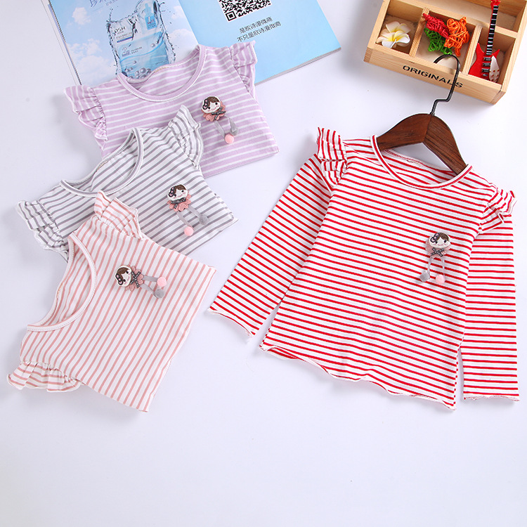 Girls long-sleeved T-shirt Autumn 2019 new pattern children stripe Wood ear Base coat lovely baby Versatile jacket