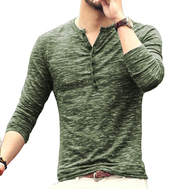 Autumn and winter new fashion open placket bamboo knot silk men’s base coat Long Sleeve slim fit T-shirt popular men