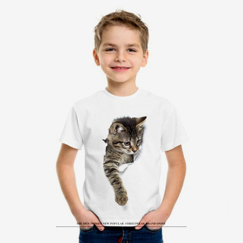 2024 Summer New Children's Crew Neck Short Sleeve Creative Tattered Cat Print T-shirt European and American Style One-piece Dropshipping