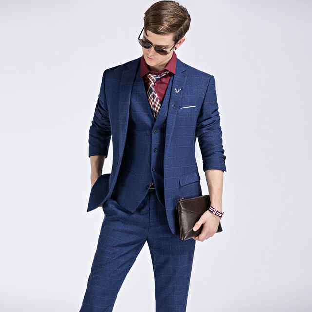 Plaid suit men’s British slim business dress bridegroom Wedding Suit