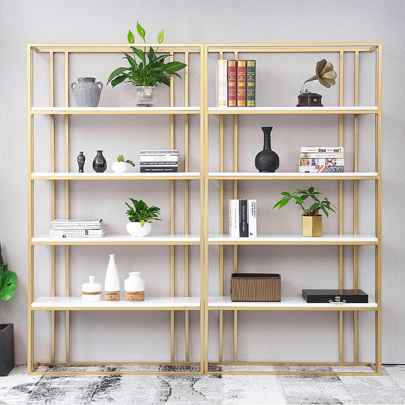 北欧创意书架落地 咖啡厅简约多层收纳架客厅书柜铁艺金色置物架