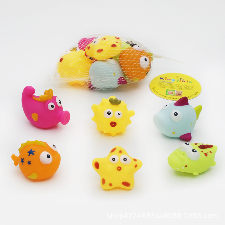 批发儿童浴室玩具洗澡戏水玩具喷水搪胶海洋动物6只装