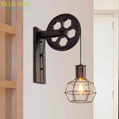 European style To fake something antique Iron art Do the old pulley Lifting Wall lamp loft Industrial wind Corridor Aisle entrance Wall lamp