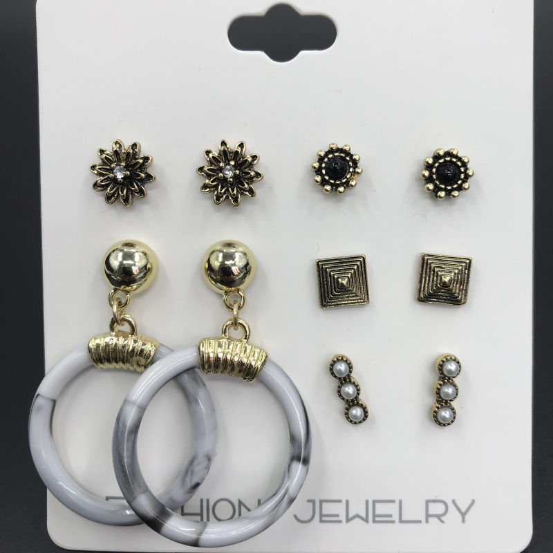 5对卡装复古金色合金耳环韩版简约珍珠金属耳钉流行饰品时尚耳环